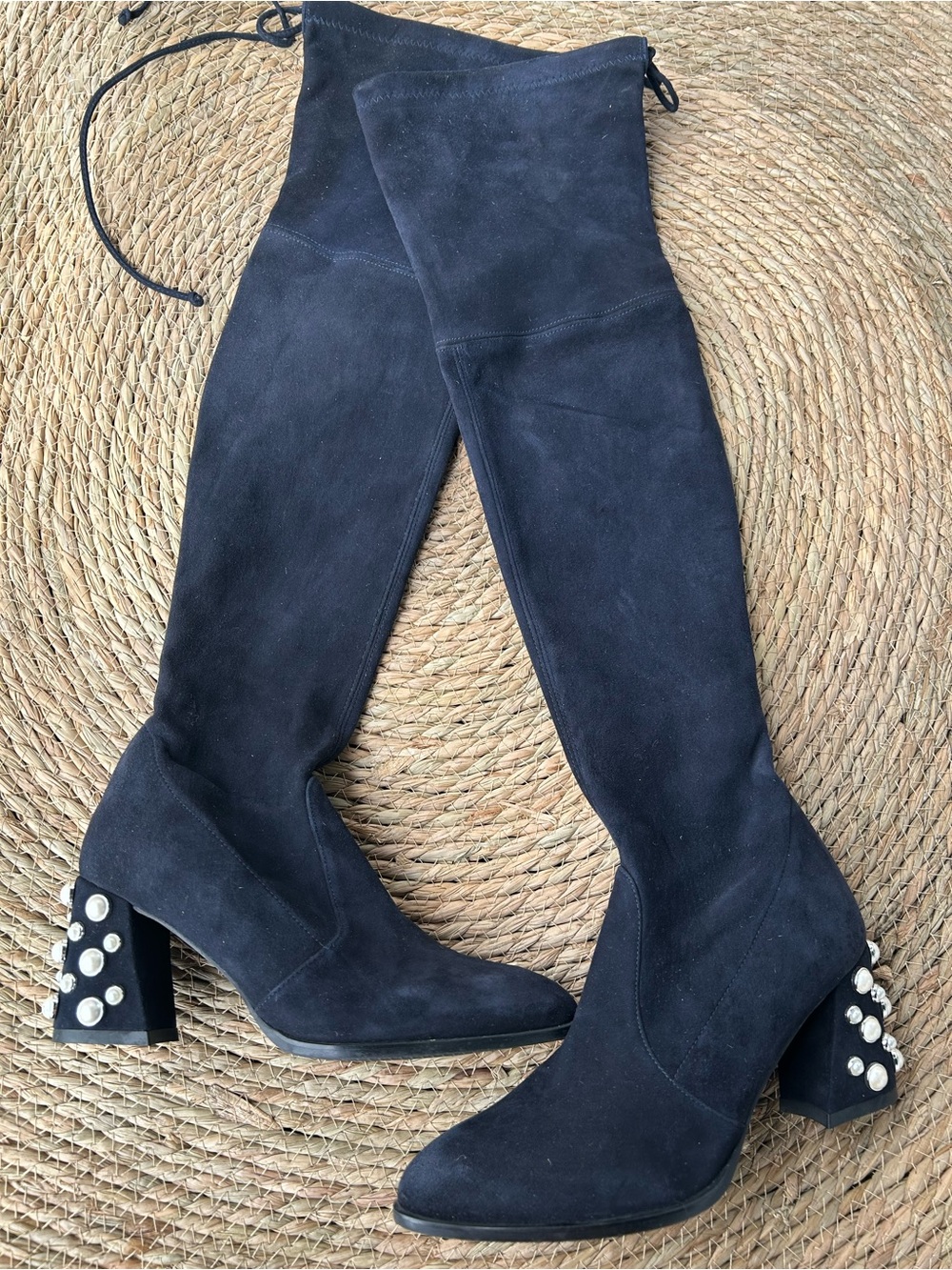 🚩steal Stuart Weitzman Black Suede Over-the-Knee Boots with Studded Block Heel